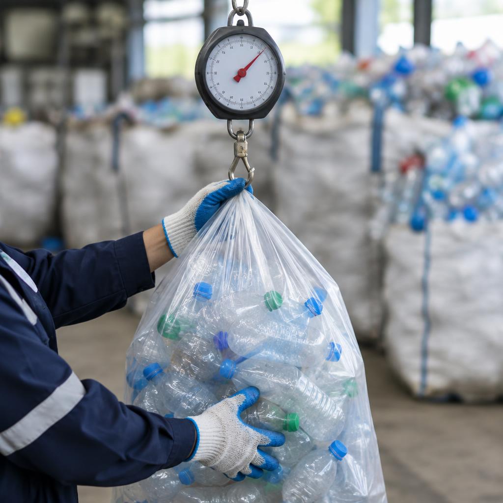 Clean plastic bottles being weighed on a hanging scale