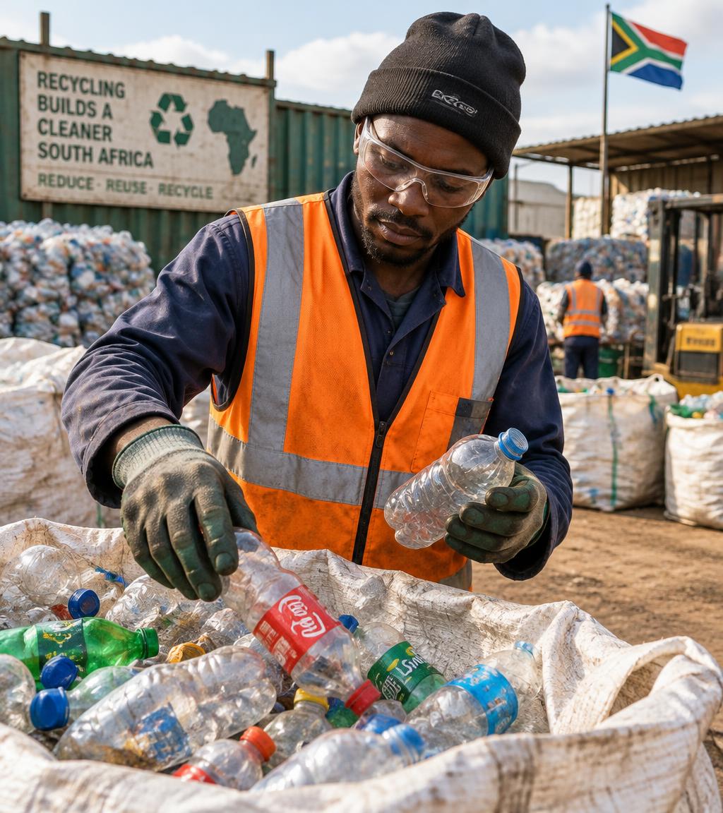Recycling worker in protective clothing sorting plastic bottles