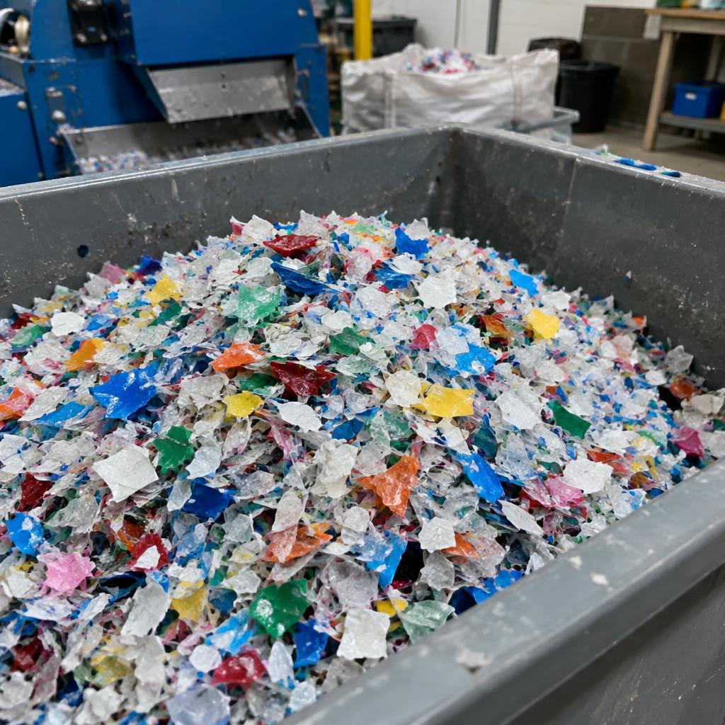 Shredded recycled plastic flakes